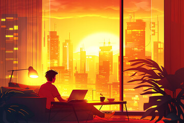 an illustration of a cozy modern living room during the golden hour with a panoramic city view