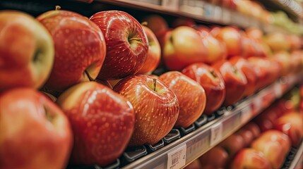 A close-up of ripe and juicy apples stacked in pyramids at a grocery store, showcasing the crisp and flavorful produce available for purchase.