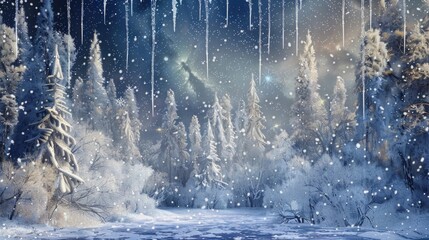 A snowy forest with trees covered in snow and icicles hanging from the branches - Powered by Adobe