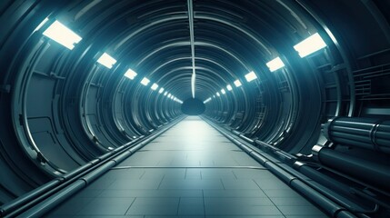 Symmetrical illuminated empty technical tunnel between compartments on a spaceship, wide angle, metallic dark blue color.