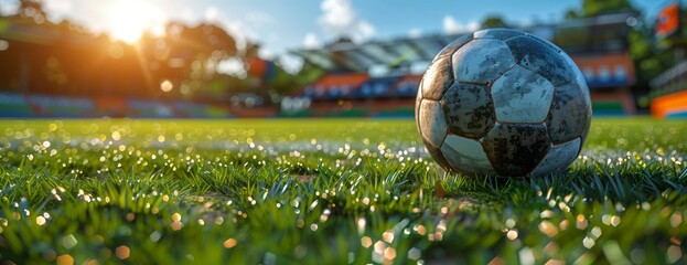 A soccer ball rests on a grassy field under the sky - Powered by Adobe