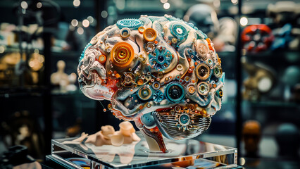 Artistic representation of a human brain made with mechanical gears and cogs, symbolizing creativity, intelligence, and futuristic technology.