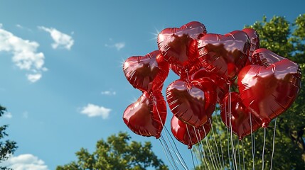 A Heart-Shaped Bouquet of Balloons Soaring Against a Clear Blue Sky: Symbolizing Love and Celebration in a Joyful Display - obrazy, fototapety, plakaty