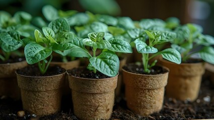 Potted seedlings in biodegradable peat moss pots for ecofriendly gardening. Concept Biodegradable pots, Seedling care, Eco-friendly gardening, Sustainable planting - obrazy, fototapety, plakaty