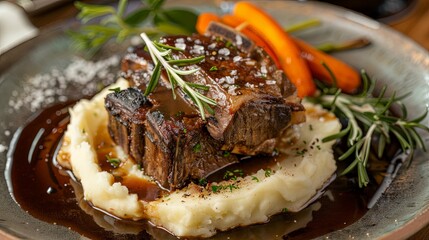 A gourmet dish of slow-cooked beef short ribs, braised in red wine sauce and served with creamy mashed potatoes and seasonal vegetables.
