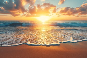 Closeup sea sand beach. Panoramic beach landscape. Inspire tropical beach seascape horizon sunset