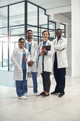 Diversity, doctors and healthcare portrait in hospital for collaboration with wellness advice,...