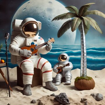 Astronaut Playing Ukulele on Moon with Tropical Theme