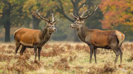 Naklejka na ściany i meble Red deer stag cervus elaphus the autumn rut in richmond park