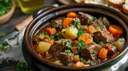 A hearty beef stew simmering in a pot, filled with tender chunks of meat, carrots, and potatoes, evoking the comforting warmth of home-cooked meals.