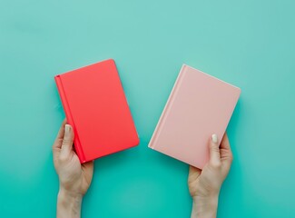 Female hands holding books on a blue background in a flat lay top view with copy space for your text or product