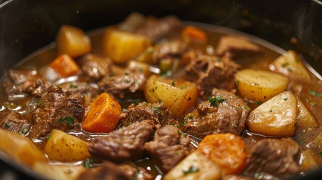 A hearty beef stew simmering in a pot, filled with tender chunks of meat, carrots, and potatoes, evoking the comforting warmth of home-cooked meals.