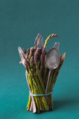 Asparagus bouquet with cutlery. Season of asparagus, aspring vegetable full of vitamins, minerals...