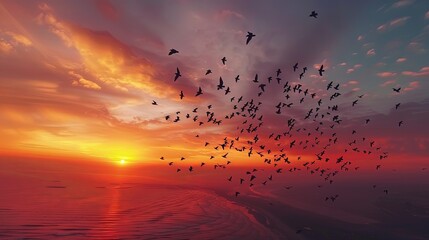 A mesmerizing aerial view of a flock of migratory birds flying in formation against a vibrant sunset sky, a stunning display of nature's beauty.