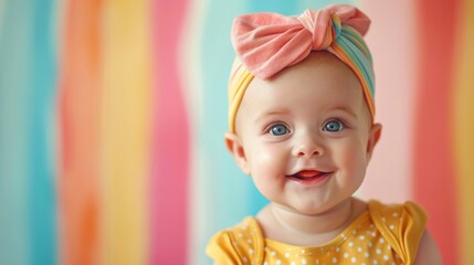 Smiling baby in lively attire against a pastel backdrop,  spreading happiness with every grin