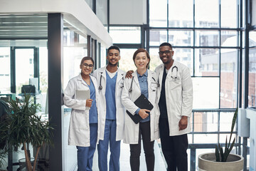 Doctors, group and smile in portrait with diversity, support and solidarity for medical career in hospital. Medic team, men and women with collaboration, wellness and happy for healthcare services - obrazy, fototapety, plakaty