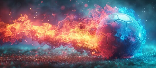 Soccer ball engulfed in flames on field, creating a fiery atmosphere