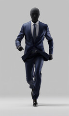 Luxury business suit 3d designed, dance posing, front view ad mockup, isolated on a white and gray background.