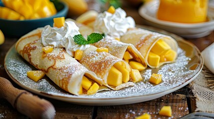 A plate of homemade mango crepes filled with fresh mango slices and whipped cream, served as a delightful dessert or breakfast option.