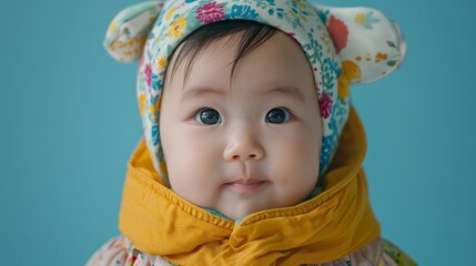 Radiant Asian infant captured in a portrait,  dressed in colorful clothing against a calm pastel backdrop