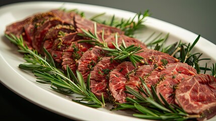 A platter of thinly sliced beef tenderloin, arranged with herbs and spices, ready to be cooked to perfection for a gourmet dining experience.