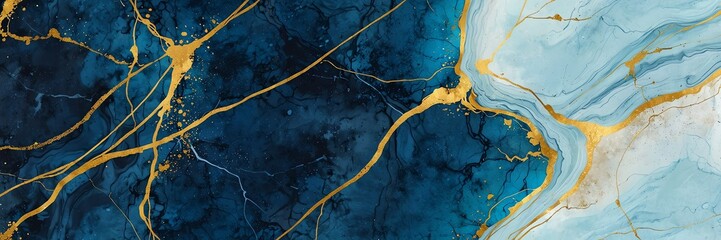 blue luxury marble texture with gold linings background from Generative AI
