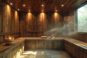 Intimate Spa Retreat: Wooden Sauna Room - obrazy, fototapety, plakaty