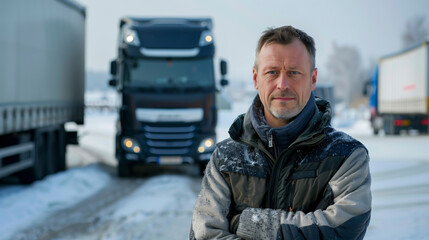 Rugged truck driver with semi-truck in snowy weather