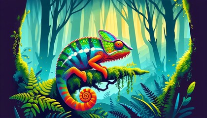 Fototapeta na wymiar Colorful Chameleon in Mystic Forest. Vibrant chameleon amidst a lush, mystical forest.
