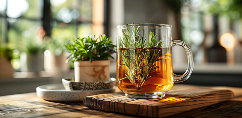 Close-up of a wooden board with a glass cup of hot rosemary tea.
