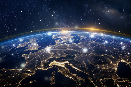 Networked Glow: Europe's City Lights from Space with Interconnected Lines