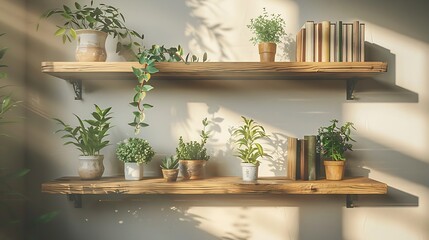 wo minimalist wooden shelves against a plain wall, decorated with potted green plants and a small collection of books