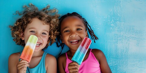 Two Happy Laughing Joyful Children Eating Summer Ice Cream Fruit Pops again a Blue Background with Space for Copy