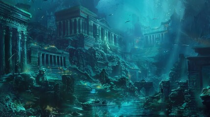 Deep in the depths of the ocean lies a sunken city guarded by a race of ancient immortal beings. Legends speak of a hidden chamber . . - obrazy, fototapety, plakaty