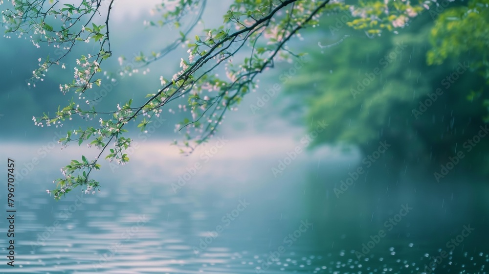 Poster the tranquil rhythm of defocused rain on a lake creates a dreamlike atmosphere with blurred tree bra