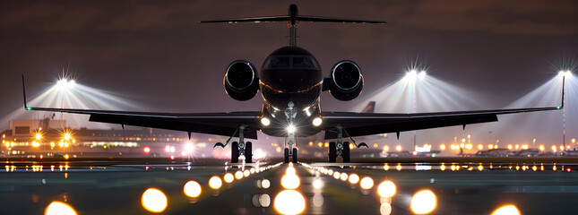 A black jet aircraft on the tarmac of an airport with lights in front and behind it