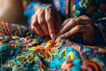 Closeup of hands creating satin stitch embroidery showcasing traditional ethnic craft. Concept Traditional Embroidery, Satin Stitch, Handcrafting, Close-up Photography, Ethnic Artwork