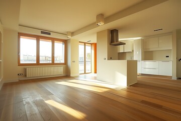 Obraz premium A large empty room with a window and a door
