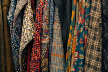 Close-up of a variety of clothes hanging on a rack in a thrift shop, highlighting the textures and colors of sustainable fashion