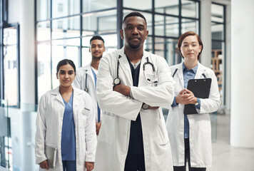 Diversity, doctors and portrait with pride in hospital for collaboration with healthcare, help and...