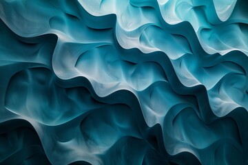 The image is a blue and white abstract painting of ocean waves