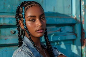 A woman with blue and black braids and a blue nose piercing