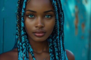 A woman with blue and black braids and a blue nose piercing