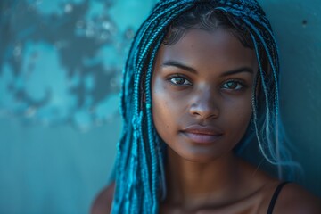 A woman with blue and black braids and a blue nose piercing
