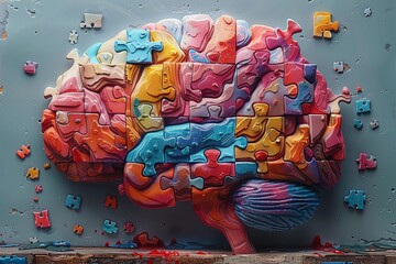 a brain made of puzzle pieces. The puzzle pieces fit together to form the shape of a brain, but some pieces are missing. The colors of the puzzle pieces are bright and varied.