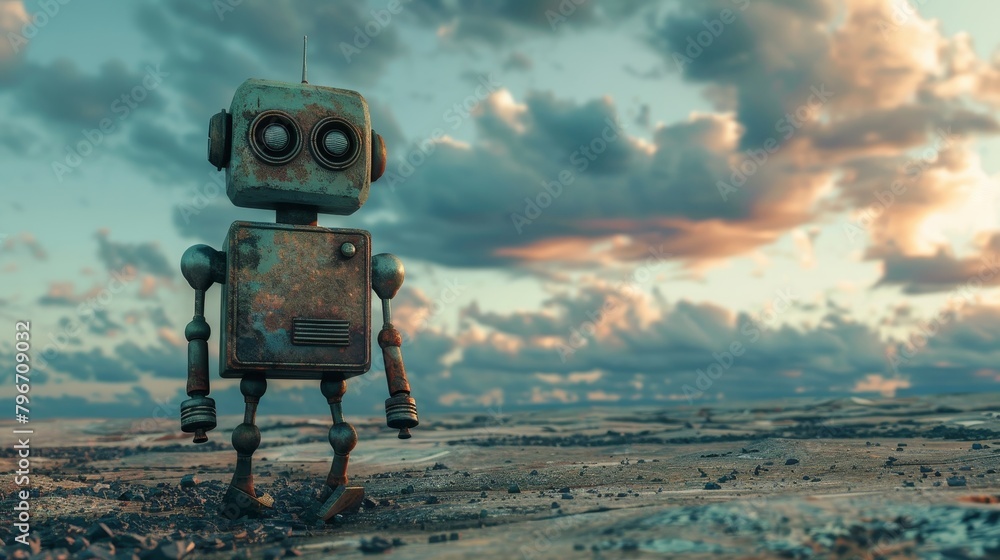 Wall mural Lonely robot in a desolate landscape  AI generated illustration