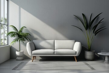 Minimalist living room with a sleek sofa and tropical plants