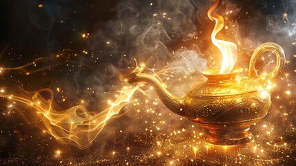 Magical genie emerging from a golden lamp  AI generated illustration
