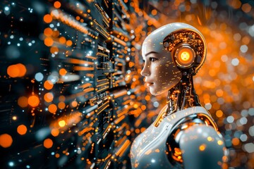 Futuristic robot with a human-like face surrounded by glowing lights, representing advanced technology and artificial intelligence.