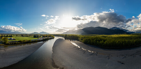 Fraser River and Mountains in Canadian Nature Landscape.